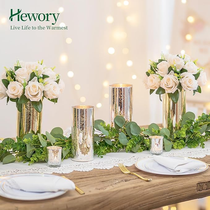 Glass Cylinder Vases Set of 2, Hewory Glittery Silver Vase for Centerpieces, Glass Hurricane Candle Holders for Pillar Floating Candle, Tall Round Vase for Wedding Anniversary Events Home Table Decor