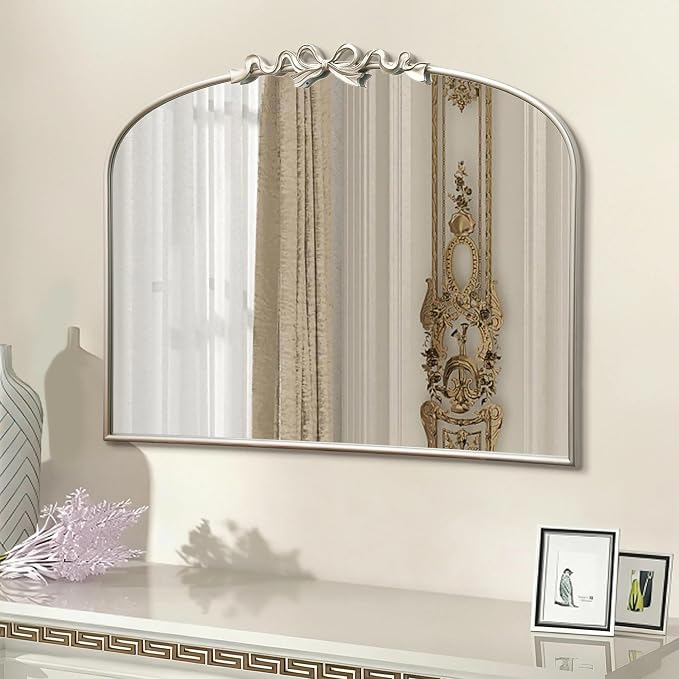 Besdomus Vintage Arched Large Mirror: 36"x29" Champagne Silver Bow Antique Wall Mounted Mirror - Baroque Traditional Ornate for Fireplace/Bathroom/Living Room - Home Decor for Fashion-Conscious