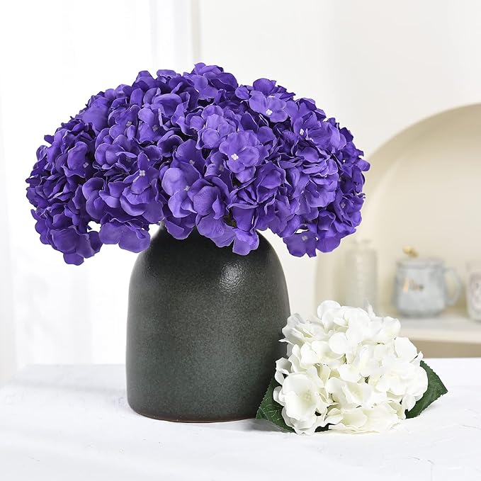 10PCS Artificial Hydrangea Flowers, Fake Hydrangea Silk Flowers Heads with Stems for Wedding Home Party Shop Baby Shower Decoration-Dark Purple