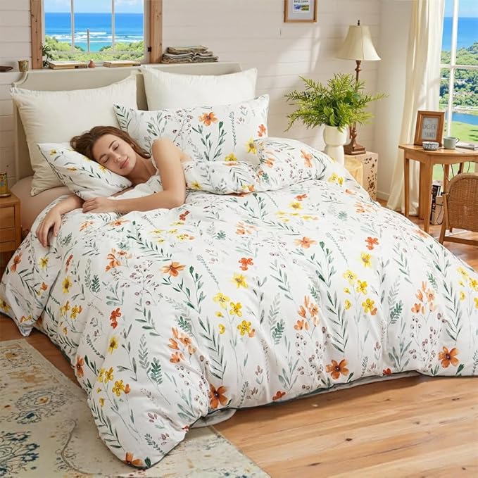 Floral Duvet Cover Queen Size, 100% Nature Cotton 3 Pcs Garden Floral Aesthetic Bedding Set with Zipper Closure Ultra Soft&Breathable Cottagecore Botanical Duvet Cover Set