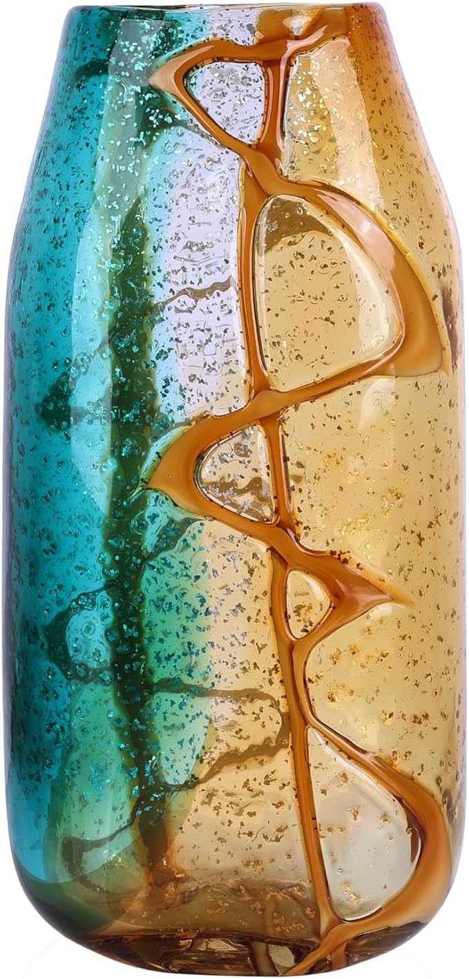 Pretty Hand Blown Glass Vase, Colored Glass Flower Vases Home Decor, Amber and Teal Decorative Murano vase for Living Room Office Bedroom Coastal Table Centerpieces Gift