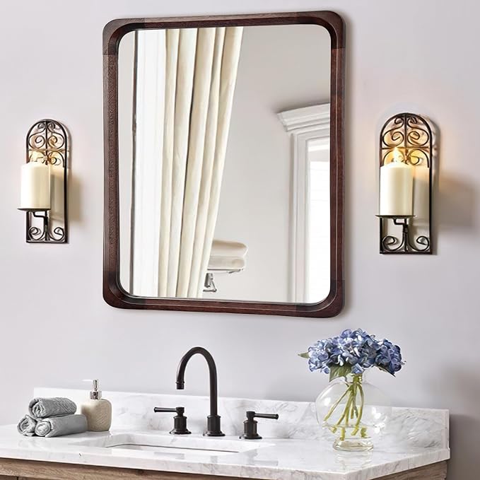 Tanmicoshomy Wood Bathroom Mirror 30 x 30 Inch, Solid Wood Framed Rectangle Mirrors with Shatter-Proof Glass for Living Room Bedroom or Entryway(Dark Brown)