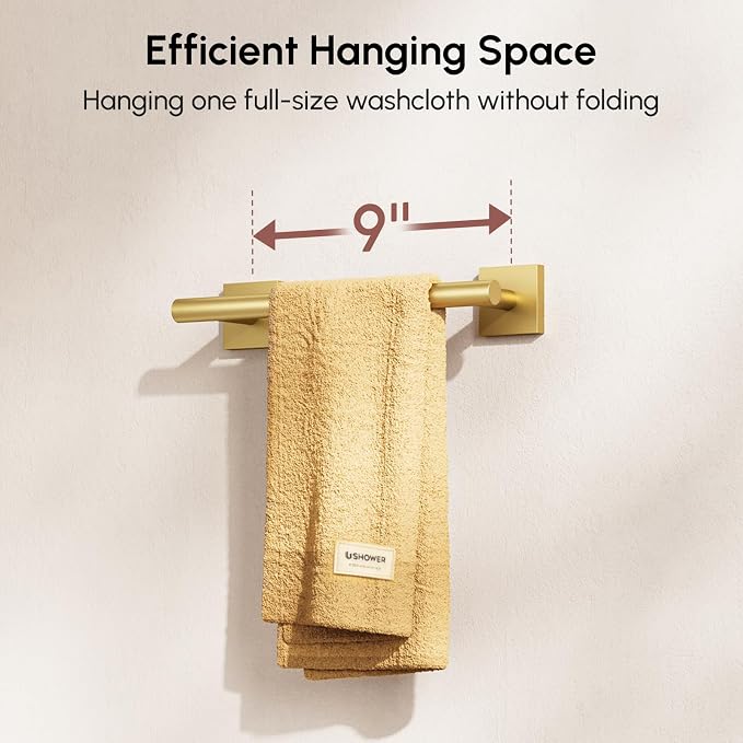 USHOWER Brushed Gold Hand Towel Bar, 9 Inch Towel Racks for Bathroom Wall Mounted, 304 Stainless Steel Towel Holder with Square Base, Modern Home Decor (Total Length 11 Inch)