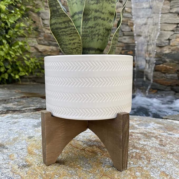 Flora Bunda 5 Inch Arrow Ceramic Planter on Wood Stand Mid Century,Matte White 5"