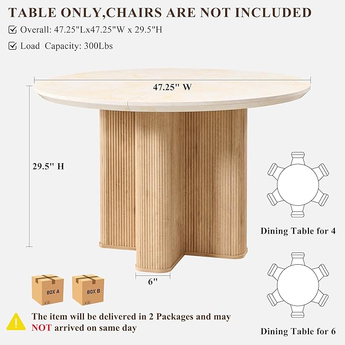 T4TREAM 47" Fluted Round Dining Table for 4-6, Mid-Century Modern Kitchen Table with Thickened Edge & Sturdy Pedestal Base for Kitchen Living Room,Marble & Natural Oak