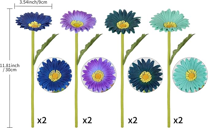 8 Pcs Multi Blue Flowers Small Artificial Gerbera Daisies 11.8” PU Faux Daisies for Table Centerpiece Arrangement Bathroom Kitchen Home Decor