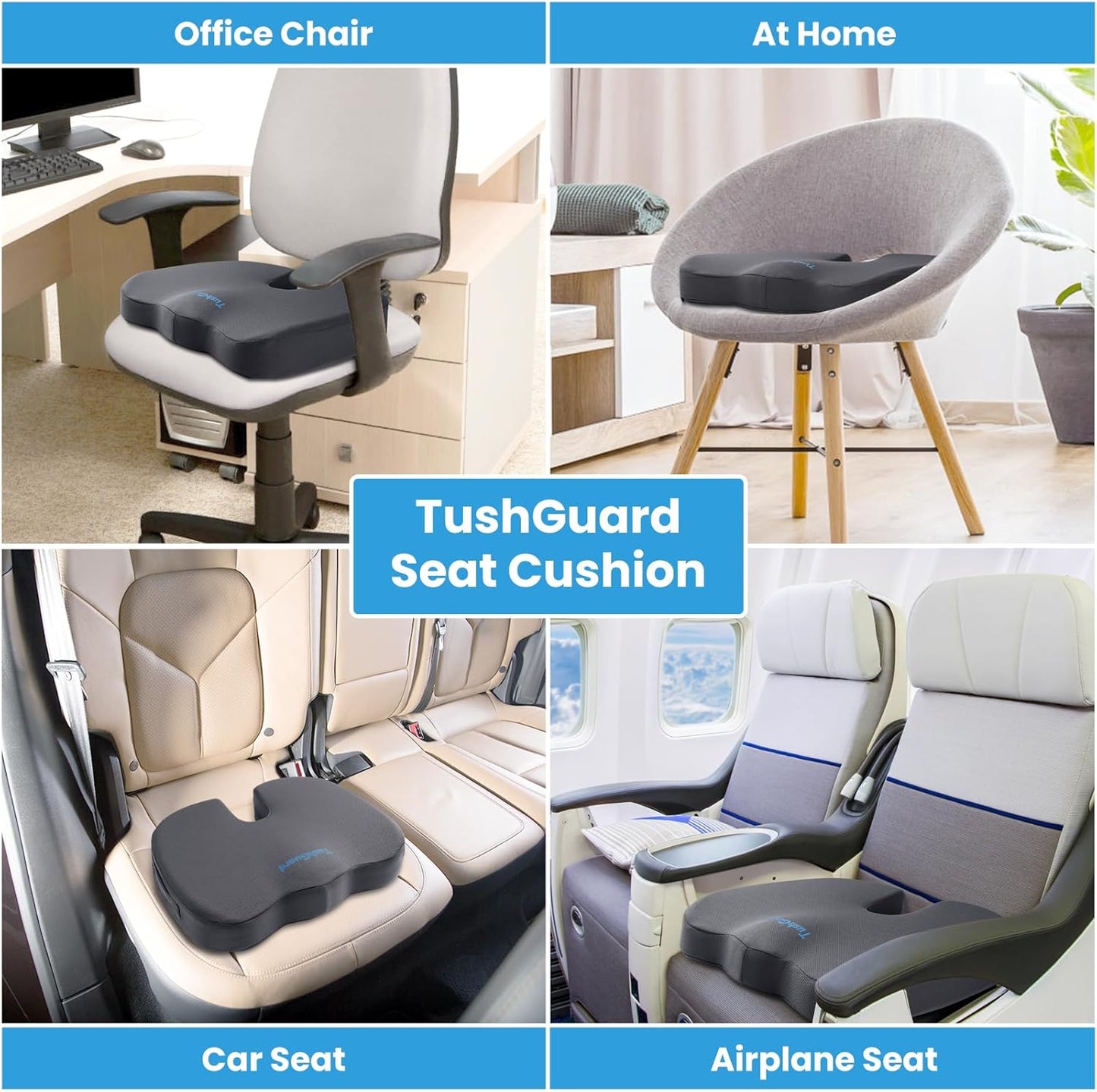 TushGuard Seat Cushion - Memory Foam Tailbone Pain Relief Pad for Office & Car | Non-Slip, XXL, Gray
