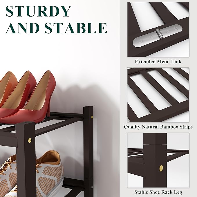 Smiry Bamboo Shoe Rack for Closet, 3 Tier Long Wooden Stackable Shoe Organizer, Free Standing Shoes Storage Shelf for Entryway, Front Door Entrance, Brown