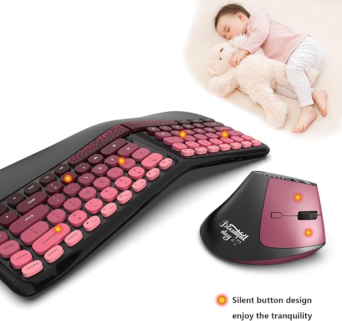 Ergonomic Wireless Keyboard and Mouse Set Wireless Keyboard Silent Mice Set with Wrist Rest for Computer, Laptop, PC, Mac, Windows Black Pink