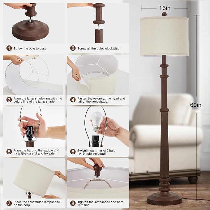 Floor Lamps for Living Room - 60" Resin Farmhouse Floor Lamp with Adjustable Color Temperatures - Vintage Standing Lamp Reading Light with Linen Shade Tall Lamp for Bedroom Office, Reddish Brown