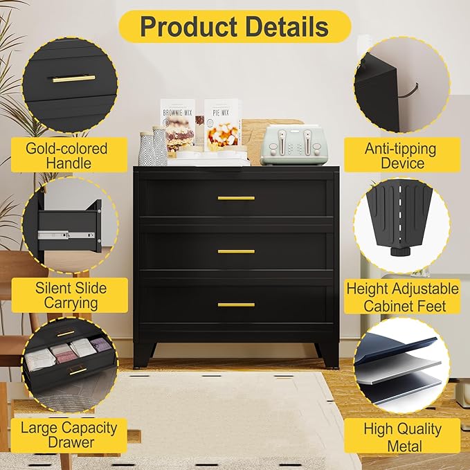 34.25" Tall Metal Dresser for Bedroom, 3 Drawer Black File Cabinet with Gold Handles, Dressers Chests with Fluted Panel, Vertical Drawer Storage Cabinet for Living Room, Entryway, Hallway