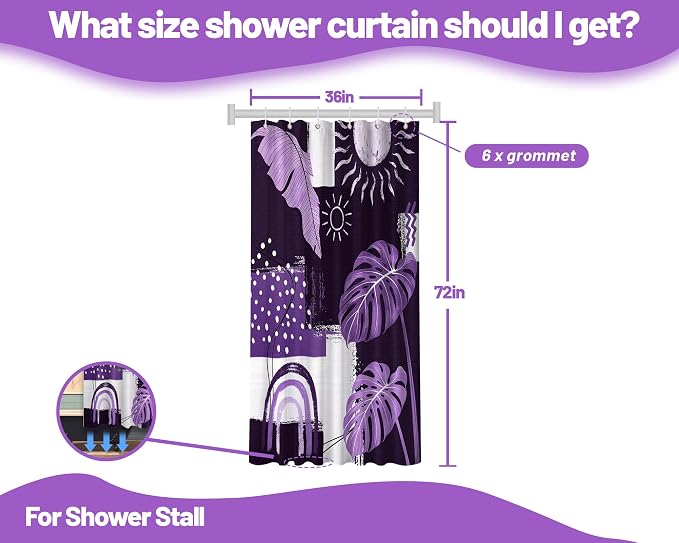 Small Stall Narrow Dark Purple Shower Curtain Lavender Stand Up Abstract Bohemian Leaf Shower Curtains for Rv Camper Bathroom Decor Sets, Waterproof Cloth Fabric with Hooks, 36 x 72 Inch