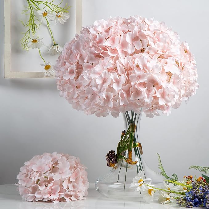 DuHouse Silk Hydrangea Artificial Flower Heads with Stems Fake Hydrangeas Flowers for DIY Wedding Centerpiece Home Decor,Pack of 6 (Baby Pink)