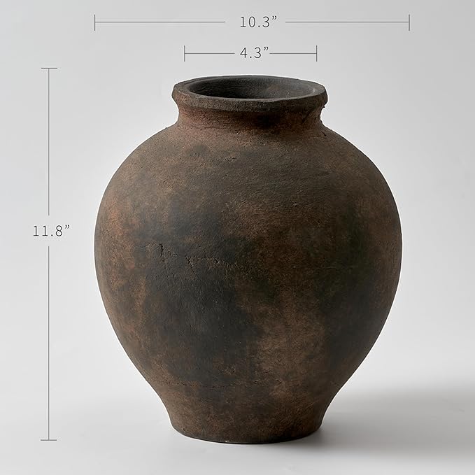 LB2 Brown Ceramic Large Vase, 11" Tall Zen Style vase, Terra Cotta Pitcher, Distressed Farmhouse Decor, Pottery Decorative Flower for Home Decor (C - Brown 11")