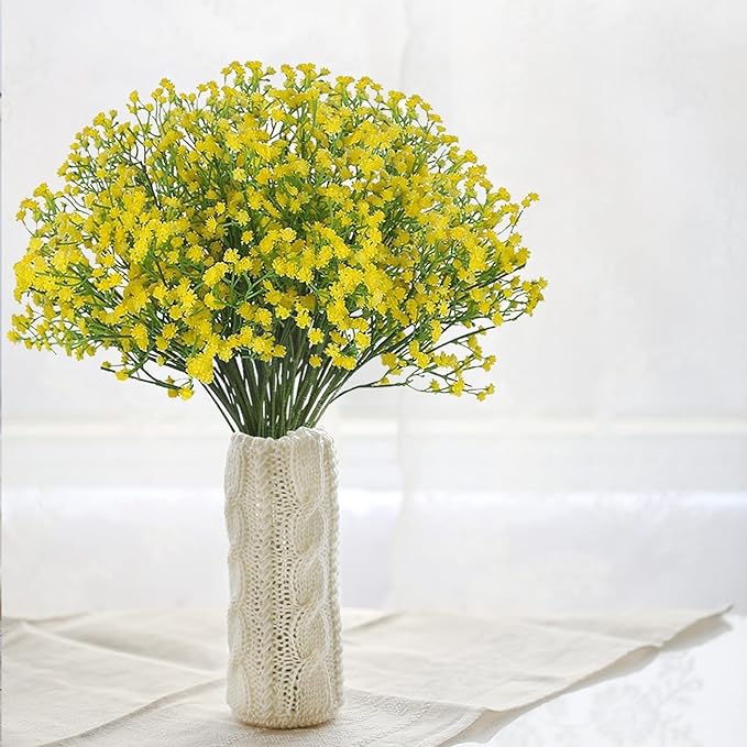 JIFTOK Babys Breath Artificial Flowers, 24 Pc Fake Flowers Gypsophila Bouquet Fall Flowers Artificial for Decoration, Real Touch Silk Flower for Wedding Christmas DIY Party Home Garden Office (Yellow)