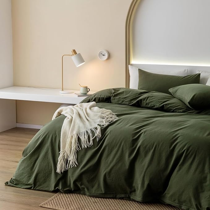 JIYUAN 100% Washed Cotton Duvet Cover Set 3 PCS Oversized King Plus, 1 Duvet Cover 128"x120"(Comforter Not Included) and 2 Pillowcases,Linen Feel Bedding Set Comfy and Breathable,Olive Green