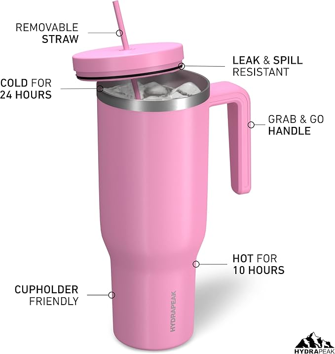 Hydrapeak Voyager 40 oz Tumbler with Handle and Straw Lid | Reusable Stainless Steel Water Bottle Travel Mug Cupholder Friendly | Insulated Cup (Bubblegum)