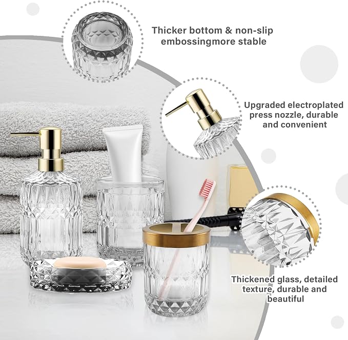 5Pcs White Bathroom Accessories Set, Glass Bathroom Accessories, Vintage Bathroom Countertop Decoration Includes Soap Dispenser, Toothbrush Holder, Qtip Holder,Soap Dish and Rinsing Cup