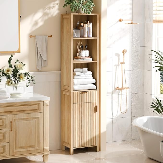 VINGLI Narrow Fluted Bathroom Floor Skinny Storage Cabinet with 1 Fluted Door&Drawer,68" Tall Narrow12 Inch Deep Slim Bathroom Storage Cabinet for Small Space w/3 Adjustable Shelves,Natural Oak Color