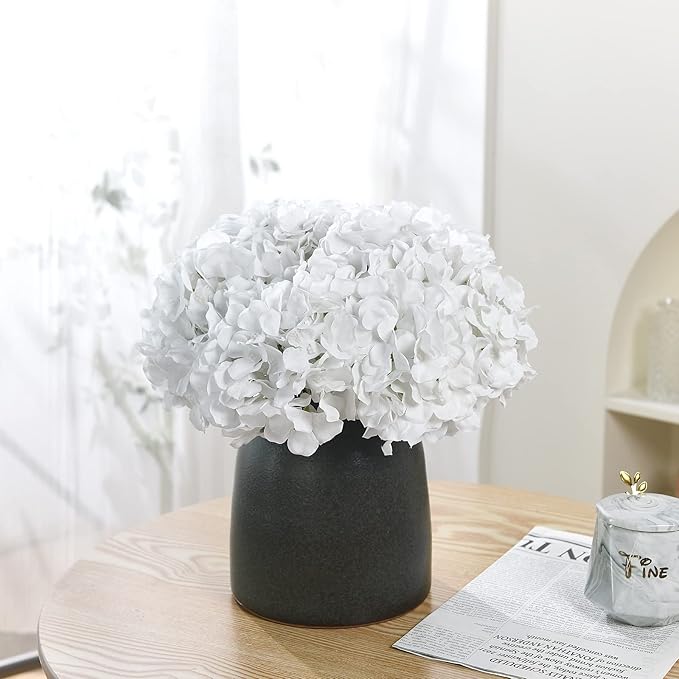 Silk Hydrangea Heads with Stems Artificial Flowers Heads for Home Wedding Decor,Pack of 10 (White)