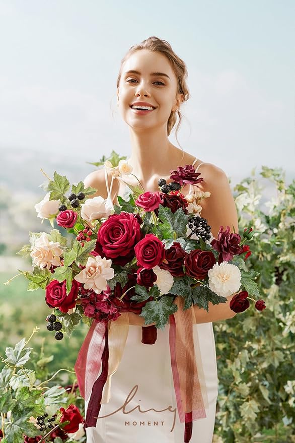 Ling's moment Fake Flowers Box, Faux Greenery Stems Silk Rose Artificial Ranunculus Foam Gardenia for Wedding Bouquets Centerpieces Table Decorations Floral Arrangement, Bordeaux Red, Deluxe Combo