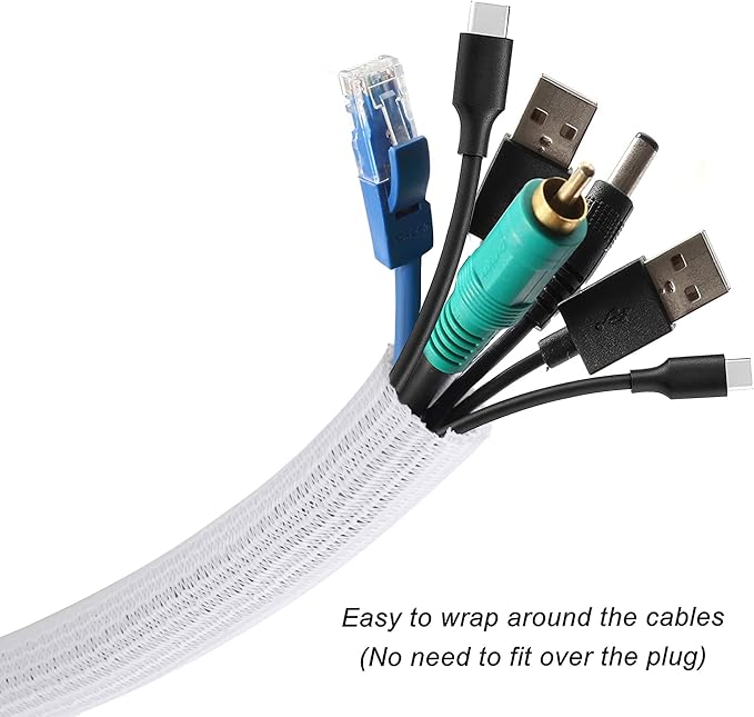 CrocSee 25ft - 1.25 inch Braided Cable Management Sleeve Cord Protector - Self-Wrapping Split Wire Loom for TV/Computer/Home Theater/Engine Bay - White