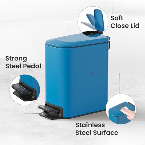 Cesun Stainless Steel Bathroom Trash Can - Soft Close Lid & Step Pedal, 6 Liter, Anti-Fingerprint Finish (Blue)