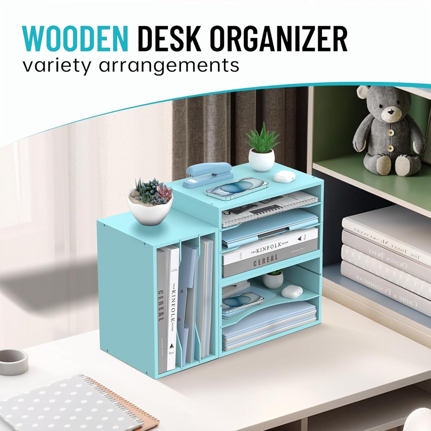 Skiennix Wood Desk Organizer - 3-Tier Adjustable Paper Tray for Office & Home | Blue