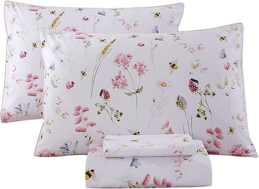 RYNGHIPY Shabby Floral Bees Print Bedding Sheets with Pillowcases, Breathable Egyptian Cotton Bed Sheet Set (Bee,Full Size)