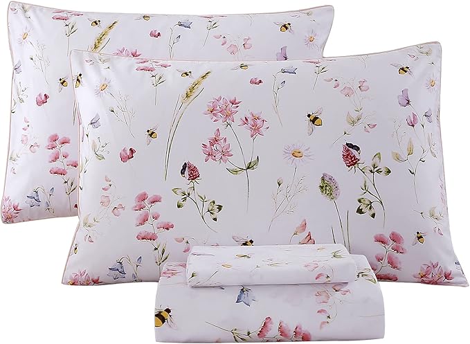 RYNGHIPY Shabby Floral Bees Print Bedding Sheets with Pillowcases, Breathable Egyptian Cotton Bed Sheet Set (Bee,Queen Size)