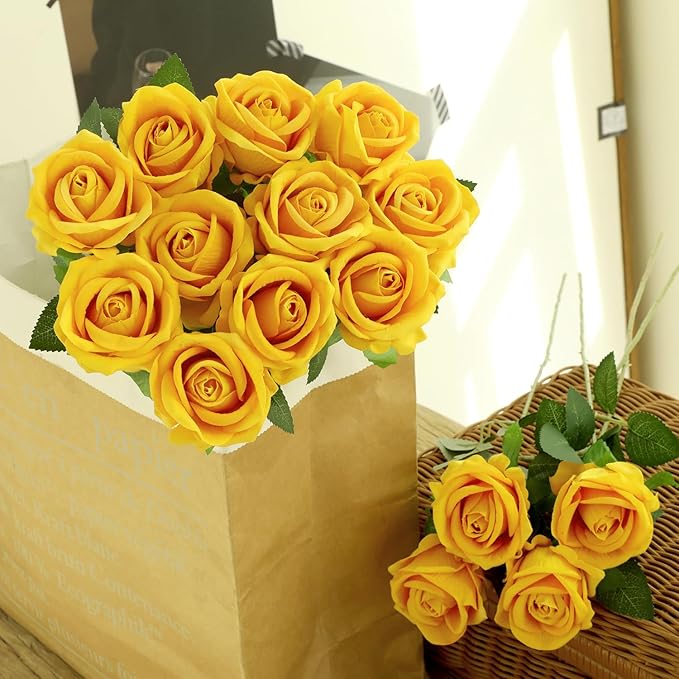 50Pcs Yellow Roses Artificial Flowers Fake Roses Faux Velvet Silk Flower for Home Wedding Decoration (Pearl Rose, Yellow)