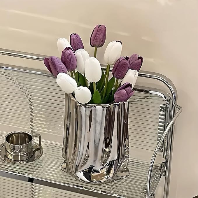 Ceramic Flower Vase, Crinkle Paper Bag Shape, Silver Metal, Modern Home Decor (X-Large)