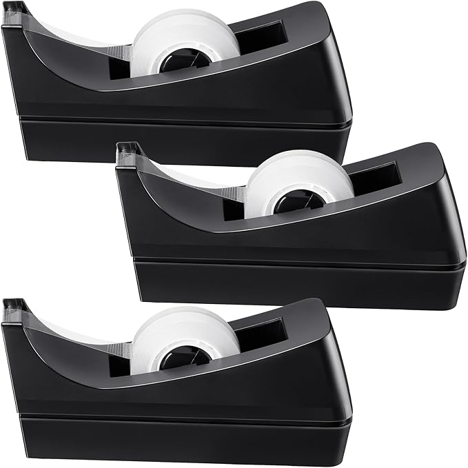 Lanties 3 Pack Desktop Tape Dispensers Non Skid Base for Office Home School (Tape Not Included) (Black)