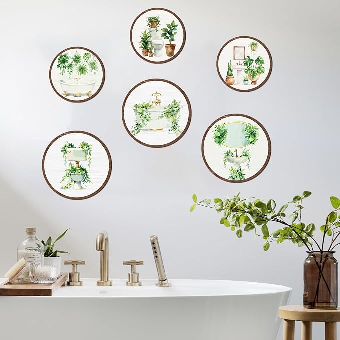 TOARTi 6pcs Minimalist Botanical Bathroom Wall Art Set(9.9”x3/7.9”x3) Round Sage Green Plant Wall Hanging Farmhouse Plant Toilet Wooden Sign Sage Botanical Wall Decor for Washroom Toilet