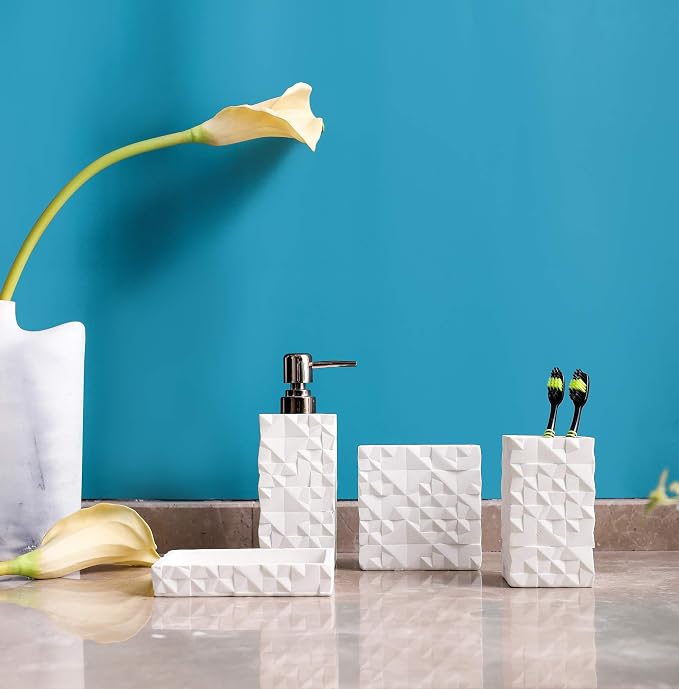 Hymmah Bathroom Accessories Set,Toothbrush Holder,Farmhouse Bathroom Decor,4 Pcs Resin Gift Set Apartment Necessities, Contain Toothbrush Cup,Soap Dispenser,Soap Dish,Tumbler