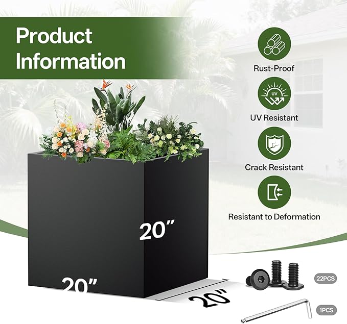 Metal Planter Box, 20" x 20"x 20", Heavy-Duty Galvanized Steel Outdoor Planter with Drainage Holes, Rectangular Planter for porches, Gardens, patios, and courtyards，Black