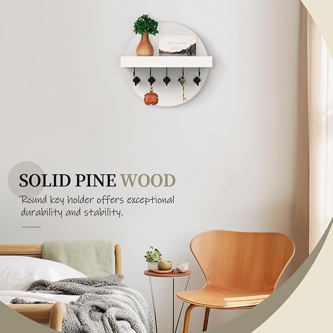 Nekon Key Holder Wall Mount, Key and Mail Organizer for Wall, 9.8 Inch Round Wooden Rustic Wall Organizer for Entryway, Hallway, Kitchen, Office (White)