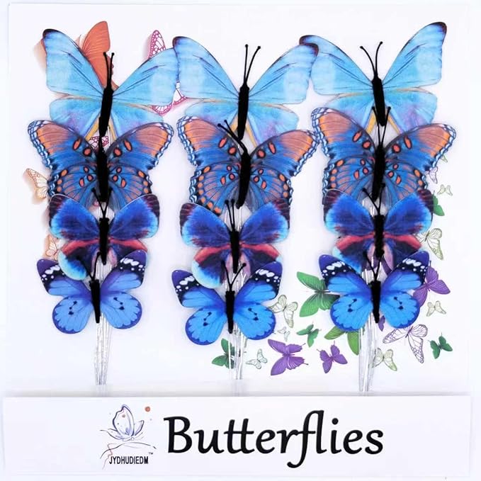 12 PCS Artificial Fabric Butterflies, 2 Sizes Reusable Butterly Crafts Decor, DIY 3D Butterfly Decorations for Fake Flowers Floral Nursery Wedding Tea Party Birthday Easter Spring. (Blue01 Medium)