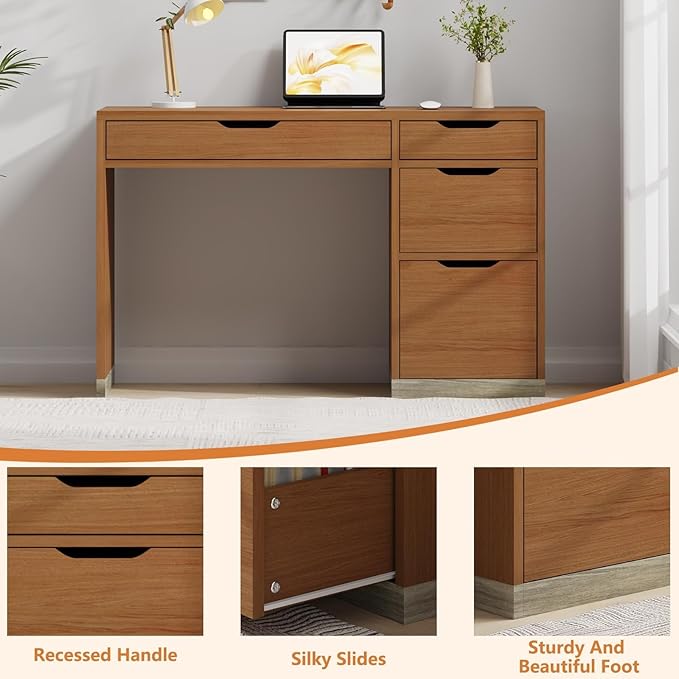 48 Inch Small Office Desk with 4 Drawers for Bedroom, Computer Desk with Storage, Study Desk with Filing Cabinet for Kids, Brown