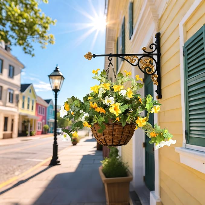 Artificial Morning Glory Fake Flowers for Outdoor Planter Decoration, 2 Pcs Petunias Realistic UV Resistant Faux Silk Flowers for Garden Balcony Porch Indoor Decor (Yellow White)