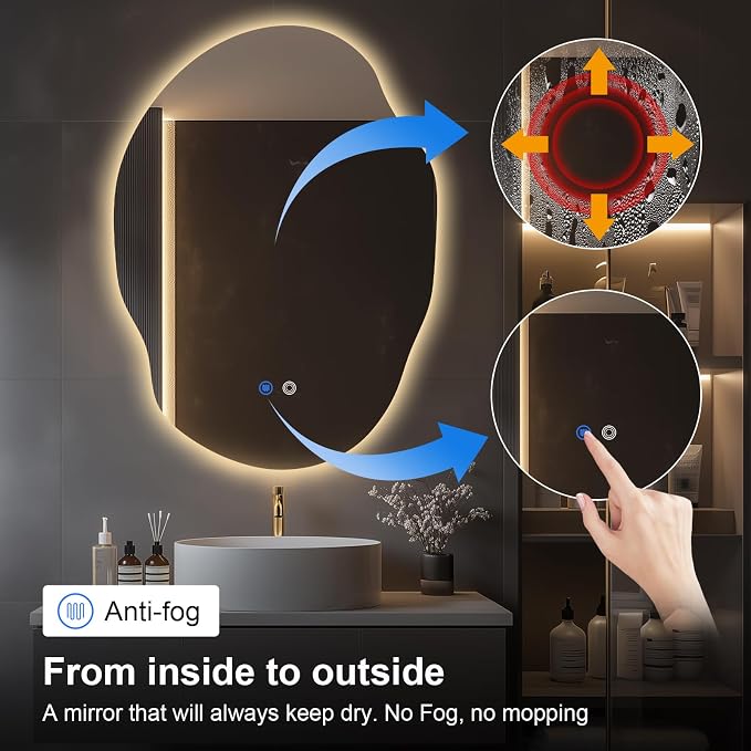 Asymmetrical LED Bathroom Mirror with Lights,Irregular Led Bathroom Vanity Mirror for Wall with Backlit, Anti Fog, 3 Colors and Dimmable Light,[Horizontal/Vertical] 40" H x 30" W