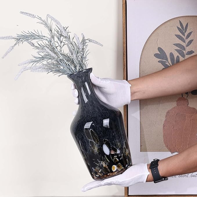 Hand Blown Glass Vase Smoke Gray – Murano Style Art Glass Vase with Rounded Belly and Wide Mouth, Bubble Vase, Elegant Centerpiece for Floral Arrangements in Dining or Living Room (Gray)