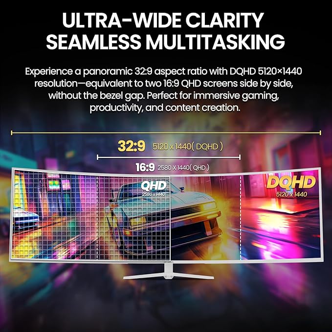 CRUA 49" White Curved Monitor | DQHD(5120 * 1440), 120Hz, 1500R, 32:9, AMD FreeSync, 120% sRGB, Height Adjustable Ultra-Wide Screen Computer Monitors, HDMI 2.1 & DP 1.4, Wall Mount Install