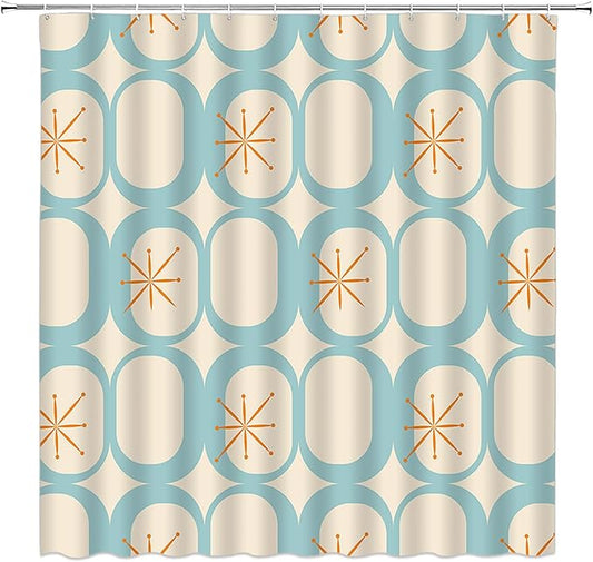 Mid Century Shower Curtain Modern Abstract Atomic Starbursts Squares Retro 50s Geometric Bathroom Decor Polyester Curtains with Hooks