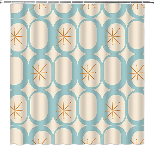 Mid Century Shower Curtain Modern Abstract Atomic Starbursts Squares Retro 50s Geometric Bathroom Decor Polyester Curtains with Hooks