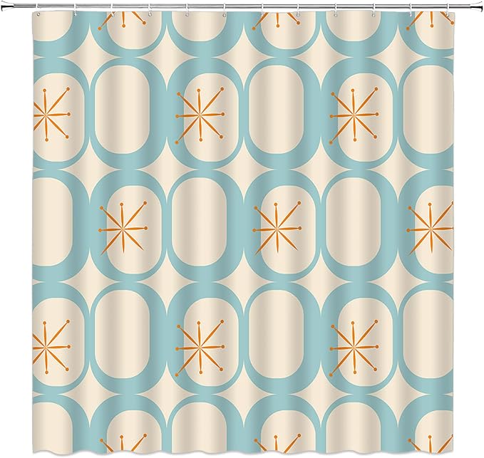 Mid Century Shower Curtain Modern Abstract Atomic Starbursts Squares Retro 50s Geometric Bathroom Decor Polyester Curtains with Hooks