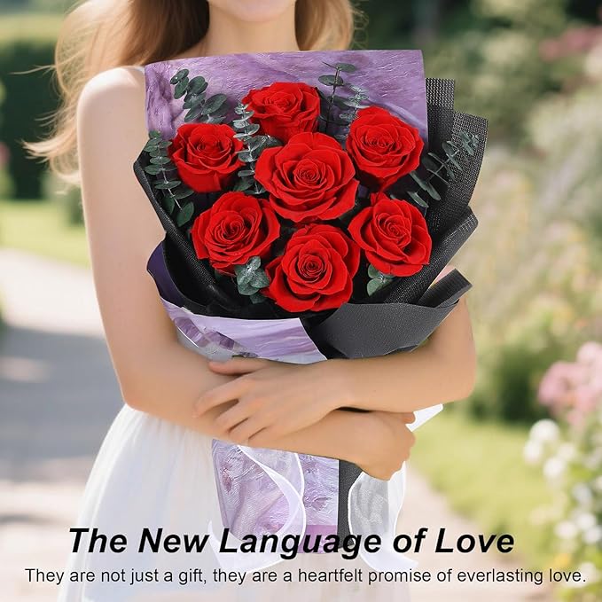 Preserved Flowers Bouquets 7 Roses, Long-Lasting Flower with Gift Box, Real Forever Flower Gifts for Delivery Women Wife Mom Friend on Anniversary Birthday Wedding (Red Roses)