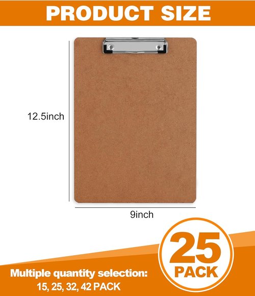 Herkka 25 Pack Hardboard Clipboards - Eco-Friendly Low Profile Design | Standard A4 Letter Size