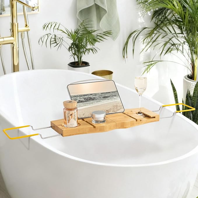 Bamboo Bathtub Tray Expandable Bathroom Tray for Home Spa Relaxation, Wooden Tray Caddy for Bathtub, Bamboo Bathtub Caddy as Unique Housewarming, Birthday, Wedding Shower Gifts.