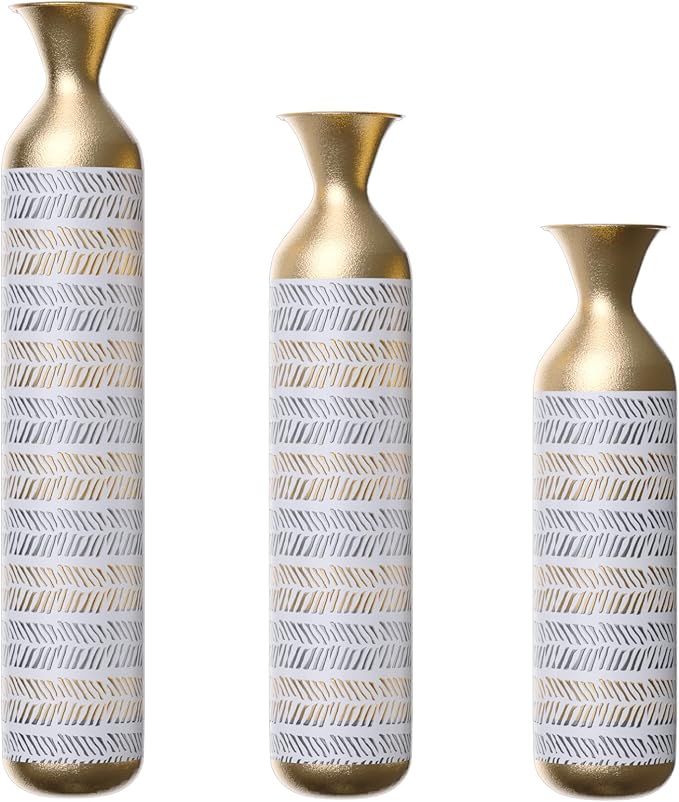 Tall Floor Vase Set of 3 - Large Vintage Modern Oversized Metal Vases for Decor Living Room, Gold Decorative for Corner Hallway